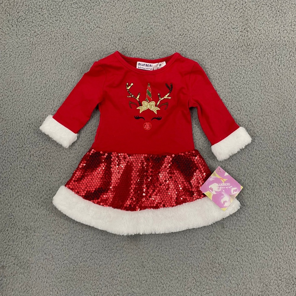 Blueberi Boulevard Girls 2T Red Sequin Reindeer Christmas Dress Faux Fur Trim